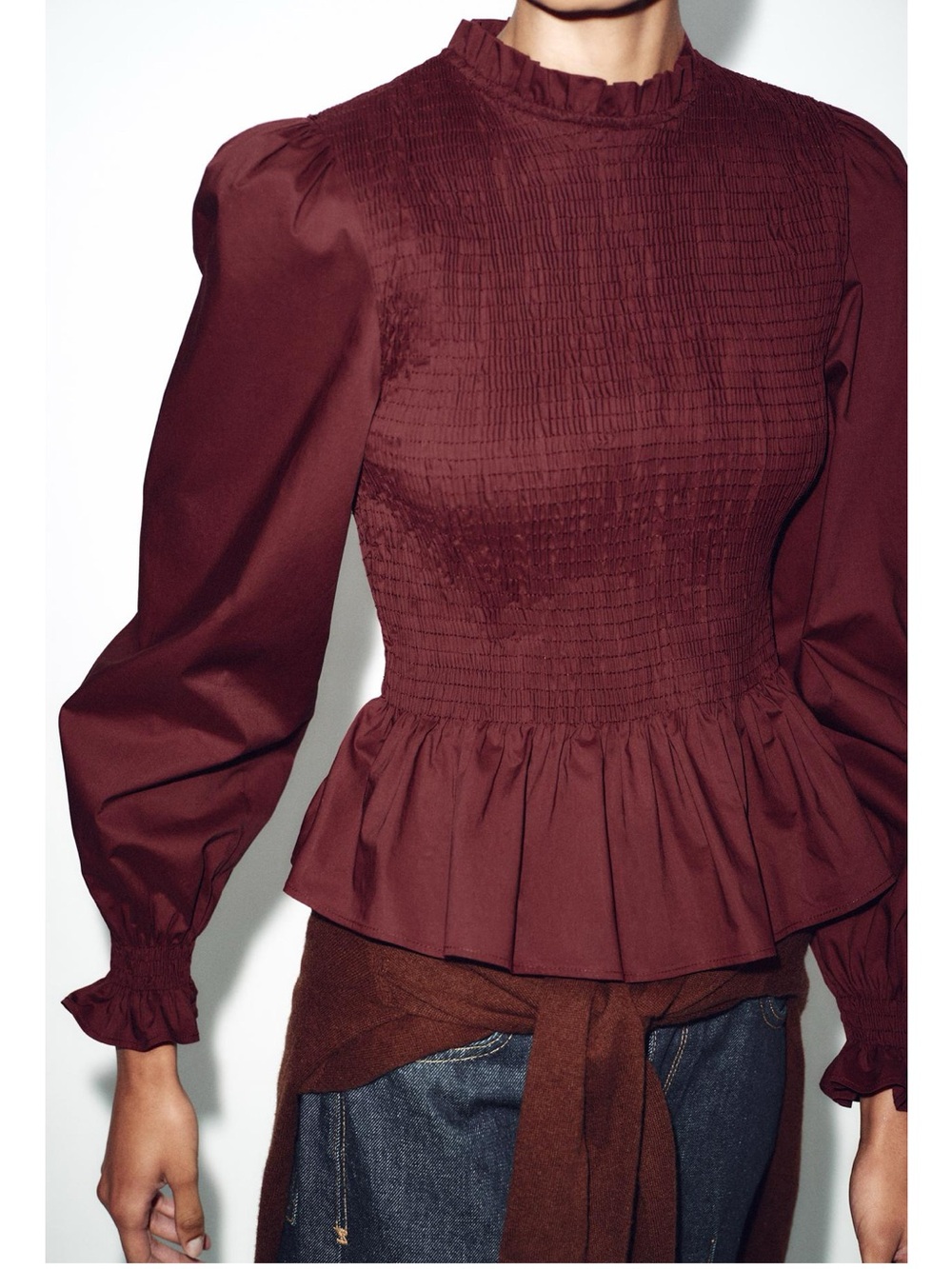 🌎 Zara Smocked Peplum Long-Sleeve Top - Wine